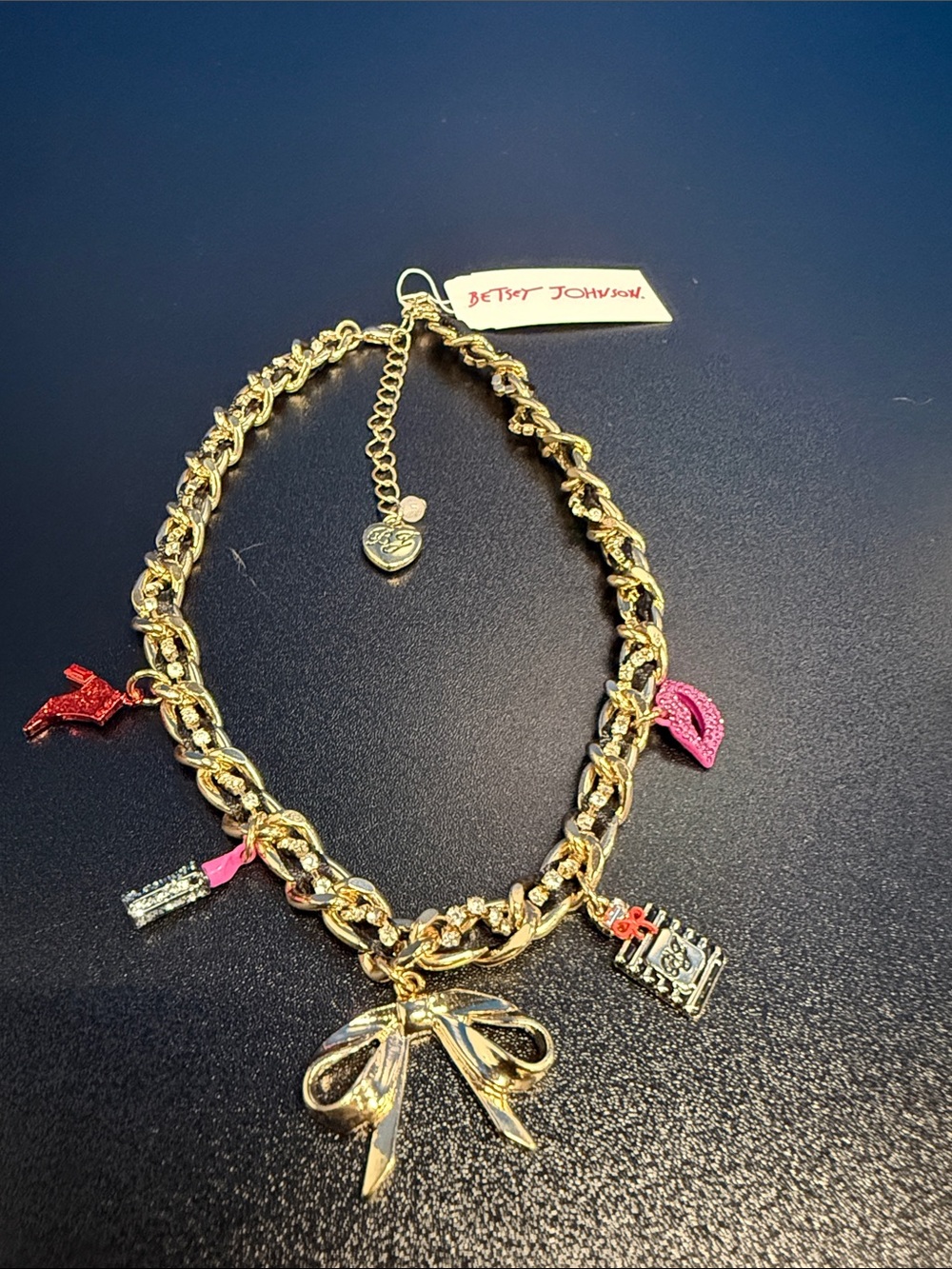Betsey Johnson Gold-Tone Bow Charm Necklace with Pink & Red Enamel Accents